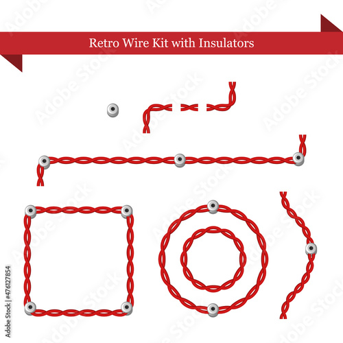 Retro wiring kit, red stranded or twisted cable with ceramic insulators, vector illustration