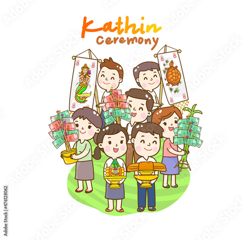 Cartoon family Offering to Buddhist Vector.