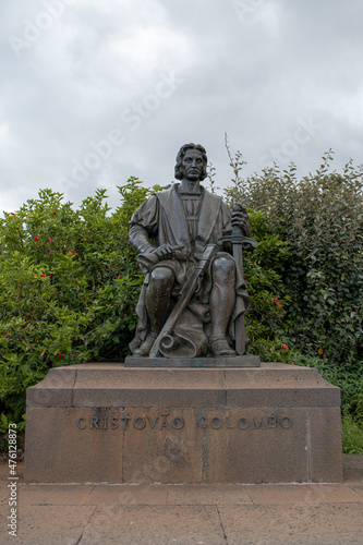 Closeup of a scultpture of Christopher Columbus, Madeira photo