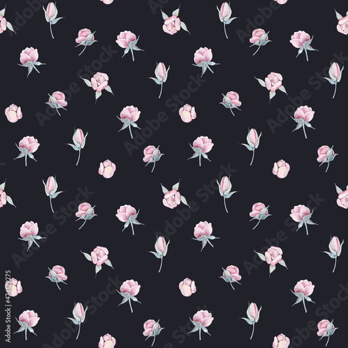 Vintage pink peonies with branches seamless pattern isolated. Watercolor hand drawn floral illustration on a dark background. For mother, birthday, valentine, love cards, linen, wrapping.