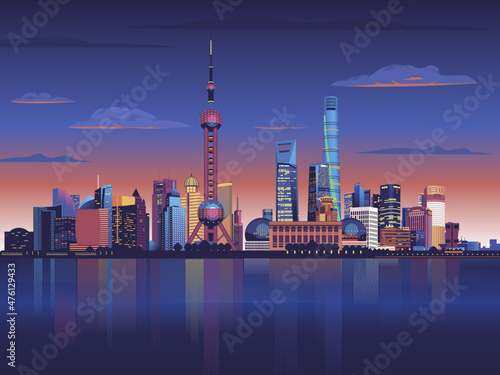 Detailed illustration of Shanghai city. Beautiful landscape travel destination graphic design. Skycrapers cityscape. Vector.