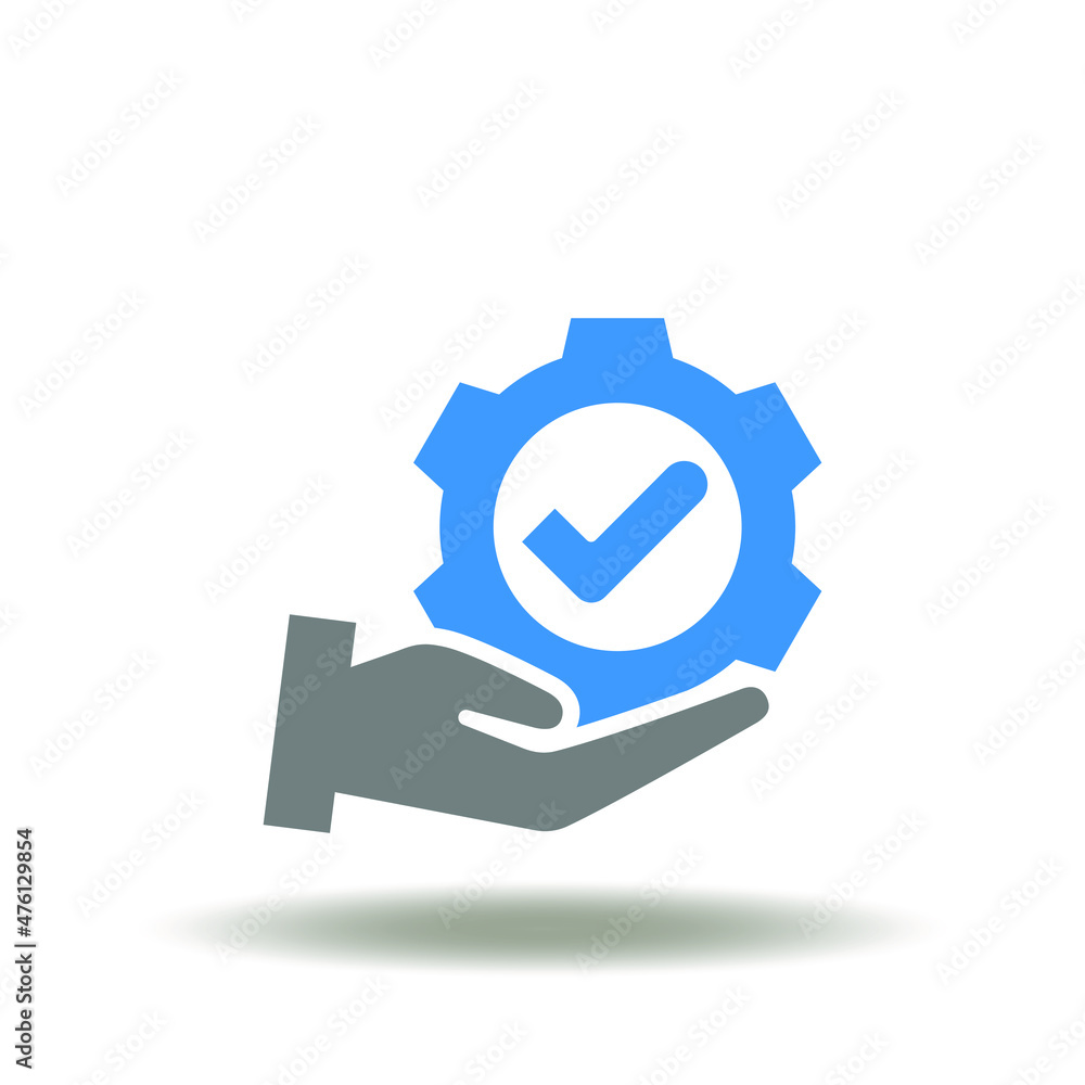 Vector illustration of hand hold gear with check. Icon of standard and regulation compliance. Symbol of expertise. Regulations sign. Vector illustration of hand hold gear with check. Icon of standard and regulation compliance. Symbol of expertise. Regulations sign.