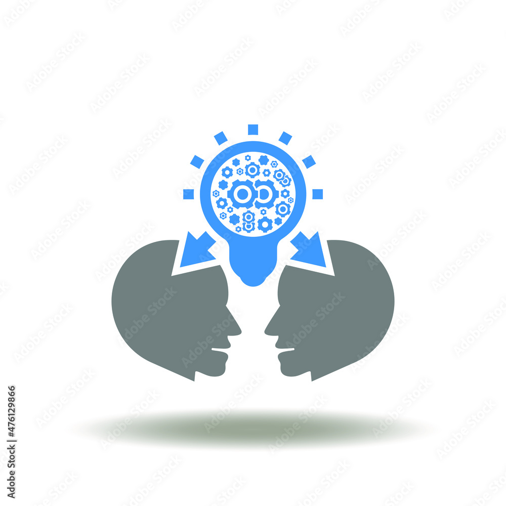 Vector illustration of two head with bulb and gears. Icon of knowledge transfer. Symbol of sharing knowledge. Lore exchange. Vector illustration of two head with bulb and gears. Icon of knowledge transfer. Symbol of sharing knowledge. Lore exchange.