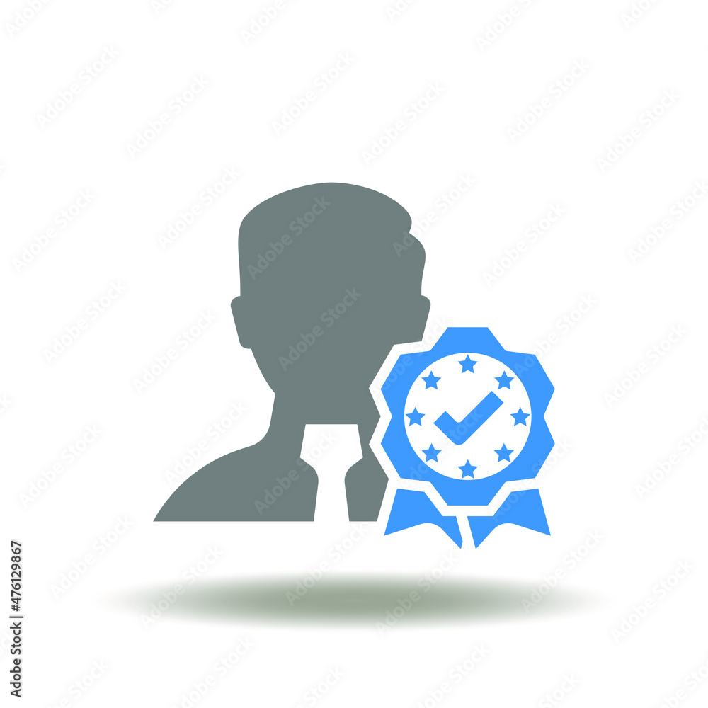 Vector illustration of business man with reward or stamp. Icon of check expert. Symbol of expertise passed successfully. Vector illustration of business man with reward or stamp. Icon of check expert. Symbol of expertise passed successfully.