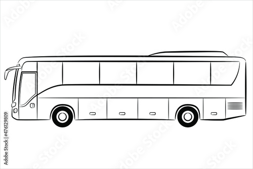 A hand drawn line ​of a passenger bus. Outline Vector coach bus, side view.  Modern travel bus flat illustration. Express bus sign.