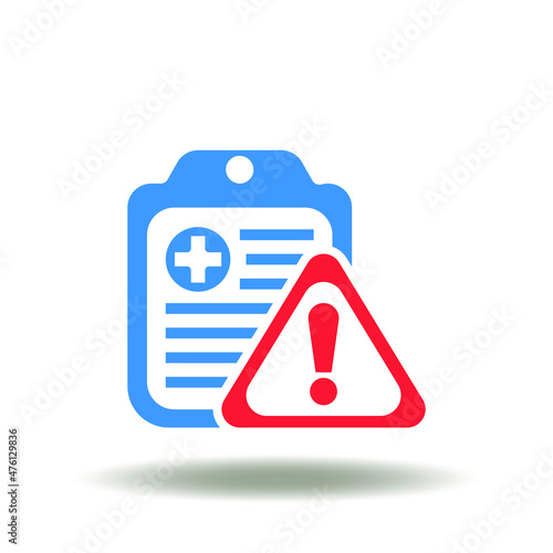 Vector illustration of clipboard with medical cross and attention triangular sign. Icon of medical risk. Symbol of  bad medicine patient test. Pharmacy danger sign. Healthcare rules and regulations.