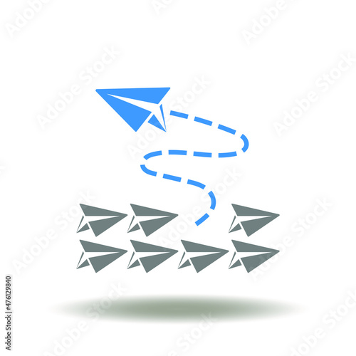 Vector illustration of group of group of paper planes fly to the right and one turns around and flies to the left. Icon of think differently. Symbol of being different, unique and creative.