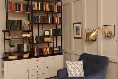 Cozy home library interior with collection of different books on shelves and comfortable place for reading © New Africa