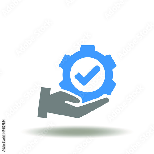 Vector illustration of hand hold gear with check. Icon of standard and regulation compliance. Symbol of expertise. Regulations sign.