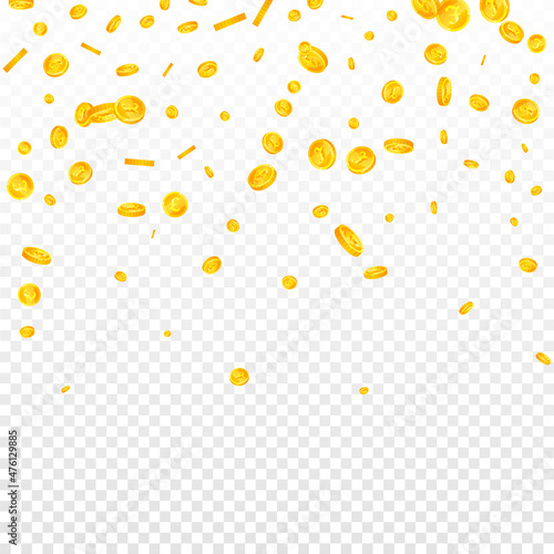 British pound coins falling. Ecstatic scattered GBP coins. United Kingdom money. Shapely jackpot, wealth or success concept. Vector illustration.