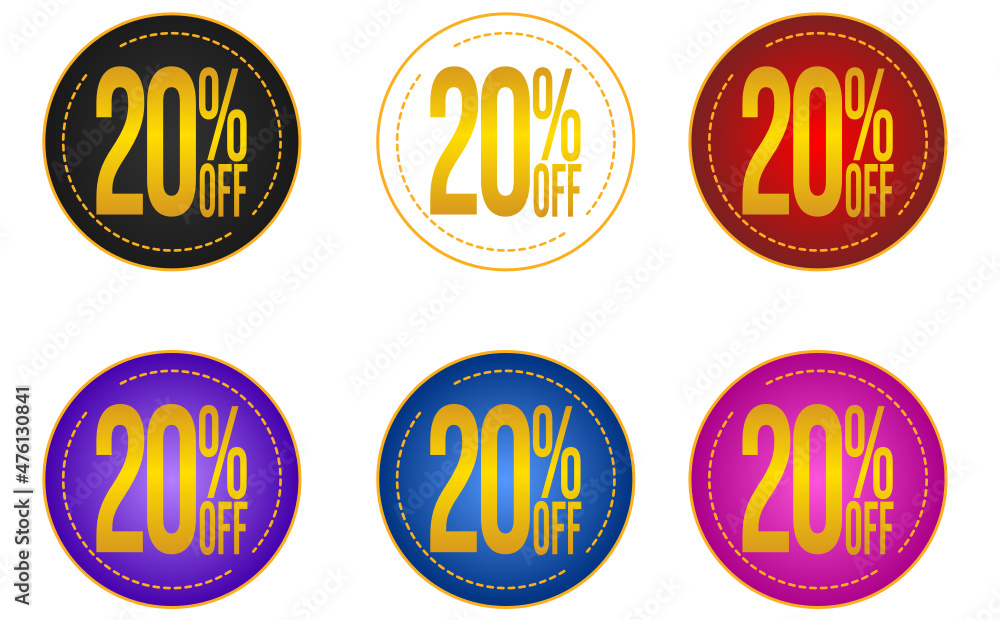 Set sale 20%off banners, discount tags, promotion stickers, vector illustration.