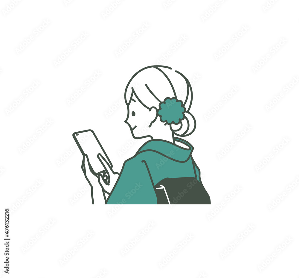 スマートフォンを使っている着物姿の女性-2色 スマートフォンを使っている着物姿の女性-2色