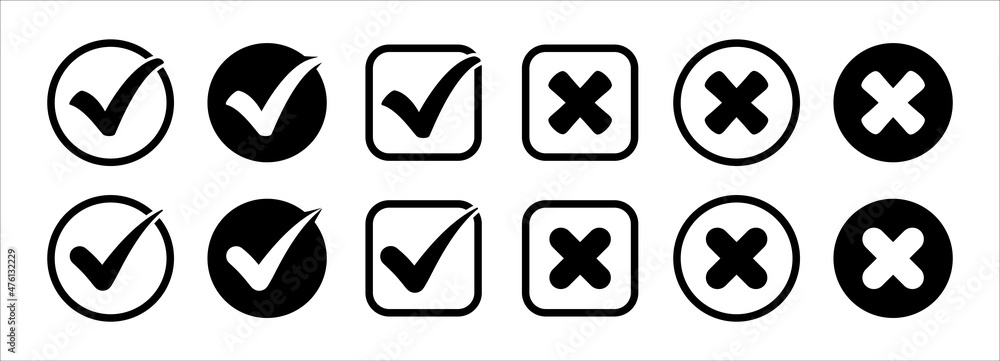 Check mark and cross box icon set. Correct and in correct symbol. Yes no marker symbol. Cross mark icons set. Vector stock illustration.