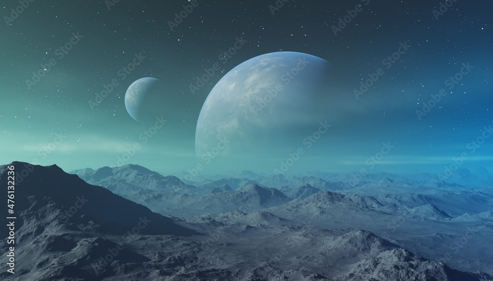 3d rendered Space Art: Alien Planet - A Fantasy Landscape with blue skies and stars 3d rendered Space Art: Alien Planet - A Fantasy Landscape with blue skies and stars