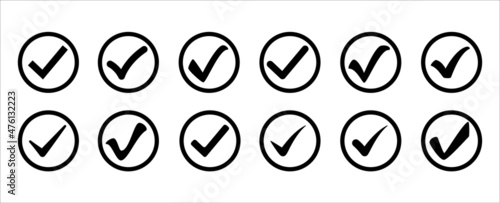Check mark circle icon set. Tick or check mark circle approved symbol. Accepted and confirmed marker symbol. Vector stock illustration