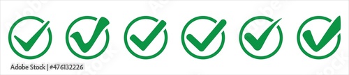 Green check mark circle icon set. Green tick or check mark circle approved symbol. Accepted and confirmed marker symbol. Vector stock illustration