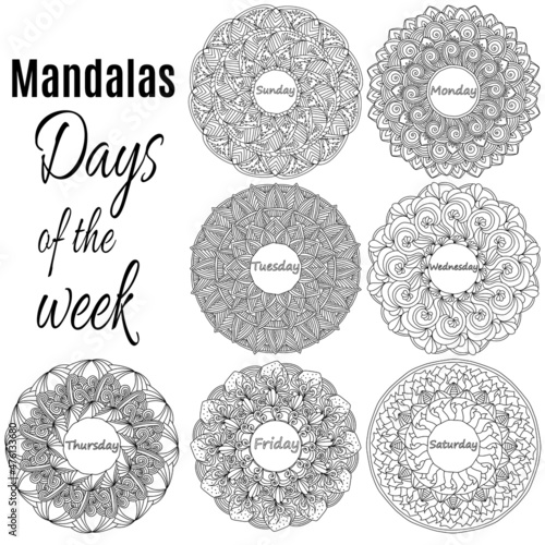 Set of mandalas Days of the week, meditative coloring pages for the whole week with ornate patterns