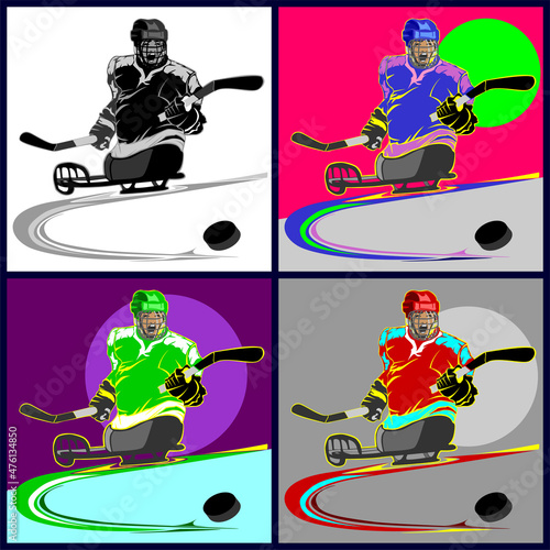 Illustrations of sledge hockey players with amputated legs. Athletes with physical disabilities.