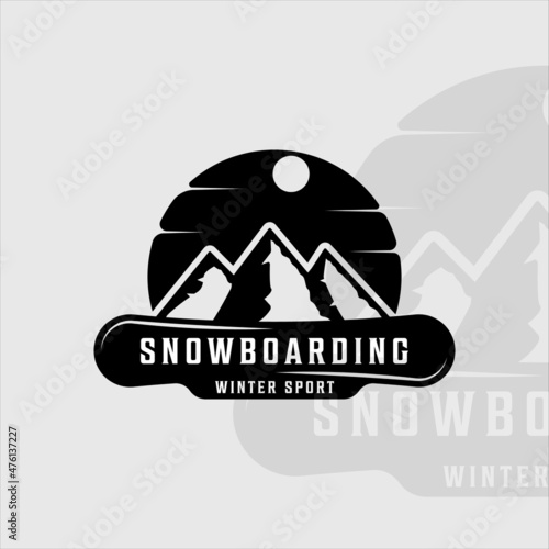 snowboard and mountain logo vintage vector illustration template icon graphic design. landscape sign or symbol for business travel and winter sport shop