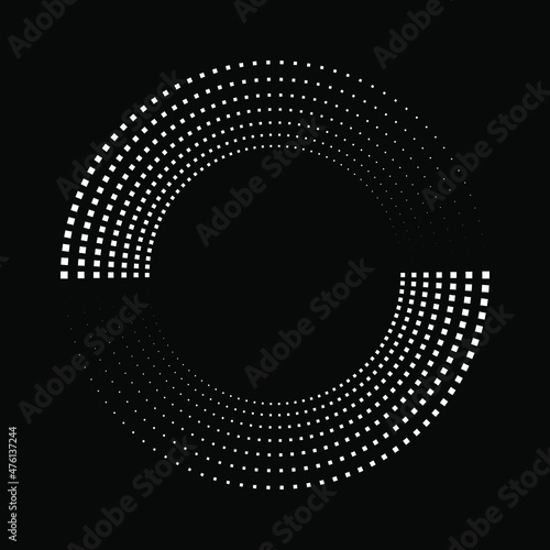 White tiny squares in circle form. Halftone dotted lines. Trendy design element for border frame, round logo, blackout tattoo, sign, symbol, web pages, prints, template, pattern, abstract background