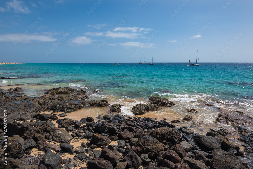 View of the beautiful and colorful Morro Jable Beach (Playa Morro Jable) - Fuerteventura, Canary Islands, Spain