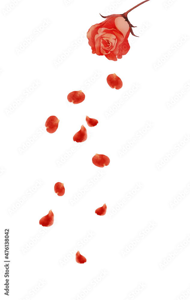 赤いバラの花びらが舞い散るイラスト