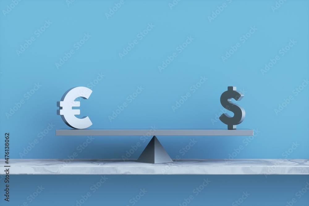 Euro and Dollar on balance scale against blue background. Currency concept. 3D rendering. Euro and Dollar on balance scale against blue background. Currency concept. 3D rendering.