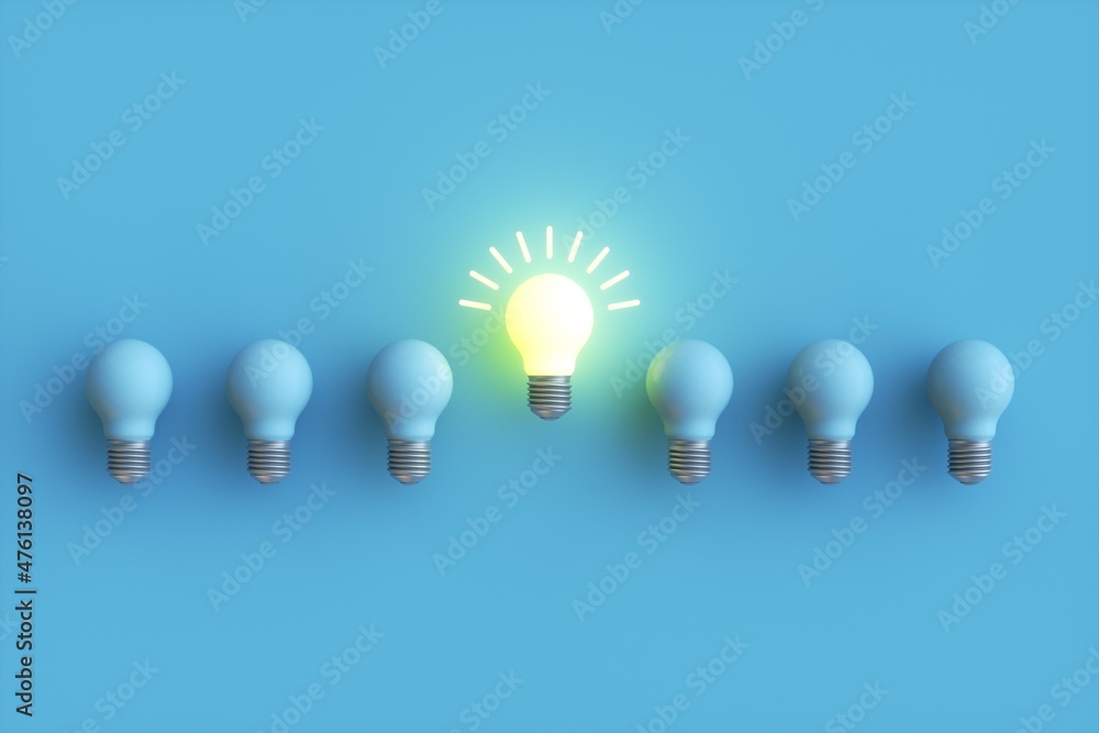 Glowing Light Bulb between the others on blue background. Leadership, innovation, great idea and individuality concepts. 3d rendering. Glowing Light Bulb between the others on blue background. Leadership, innovation, great idea and individuality concepts. 3d rendering.