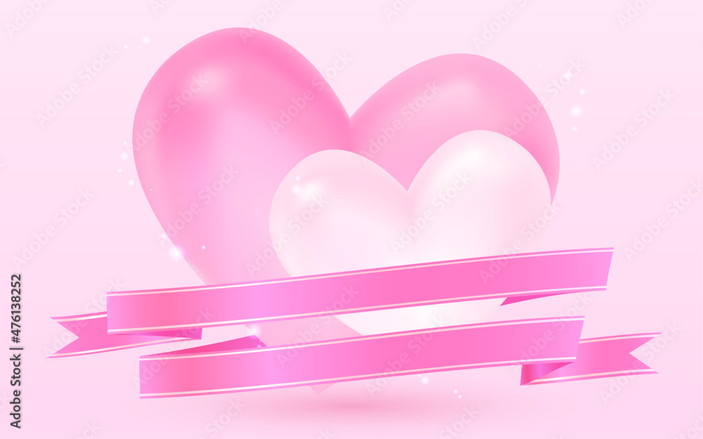 バレンタインの立体的なハートとピンクのリボン・ラベル