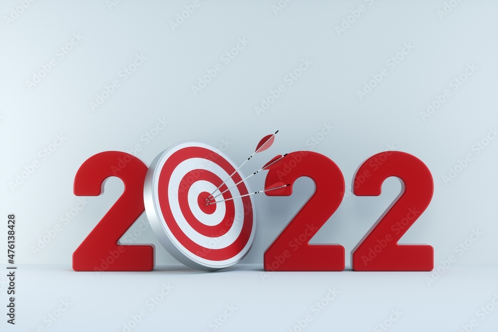 New Year 2022 and Archery target and arrow. 3d Rendering. New Year 2022 and Archery target and arrow. 3d Rendering.