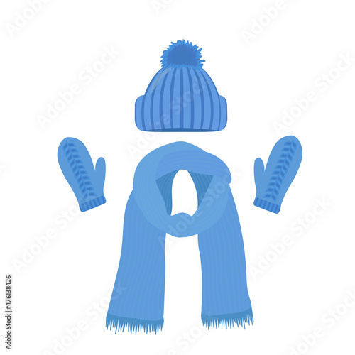 Vector illustration of blue knitted hat with pompom, knit scarf and mittens isolated on white background.