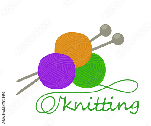 Balls of colored yarn with needles and lettering "knitting" isolated on white background. Vector illustration.