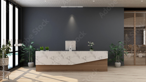 luxury office front desk or receptionist room with wooden design interior