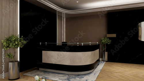 luxury office front desk or receptionist room with wooden design interior