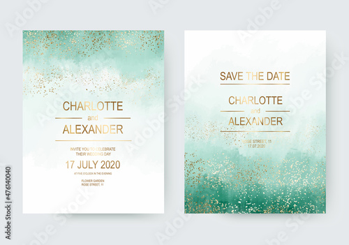 Mint watercolor wedding invitation design cards with gold dust confetti.