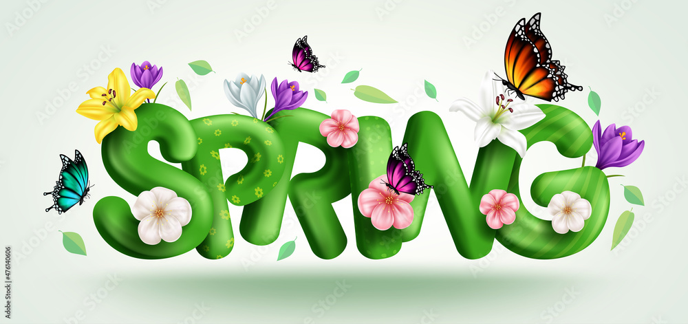 Spring typography vector concept design. Spring 3d text in green realistic patterns with leaves, flowers and butterflies nature elements for floral season. Vector illustration.
