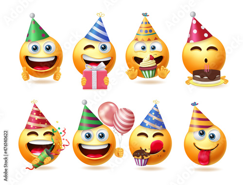 Emoji birthday vector set design. Emojis 3d face isolated in white background with party hats, cake and gift celebration elements for graphic birth day emoticon collection. Vector illustration.

