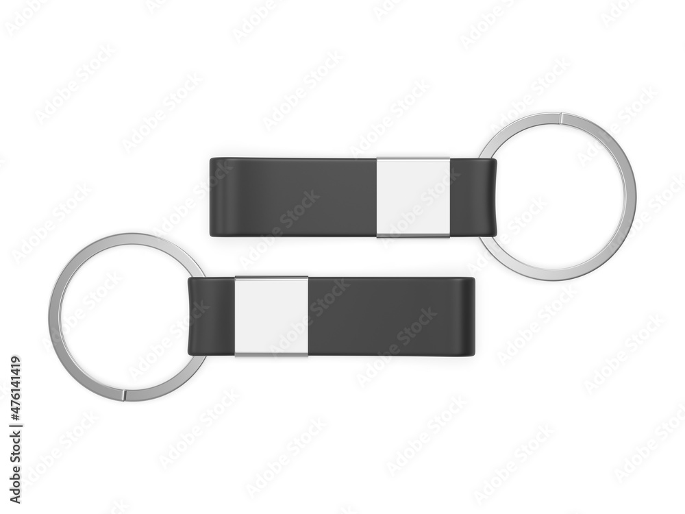 Blank keychain mock up on isolated white background for branding, 3d render illustration. - obrazy, fototapety, plakaty 