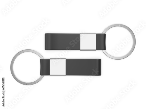 Blank keychain mock up on isolated white background for branding, 3d render illustration.