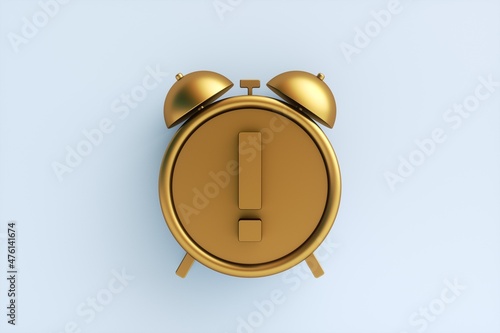 Golden alarm clock with Exclamation mark sign on blue background. 3d rendering.