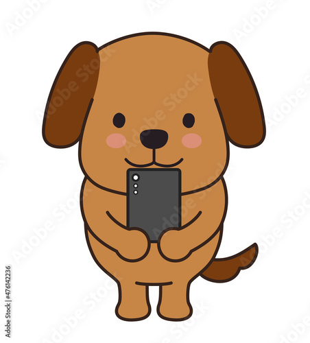 Dog watching a smartphone. Vector illustration isolated on a white background.