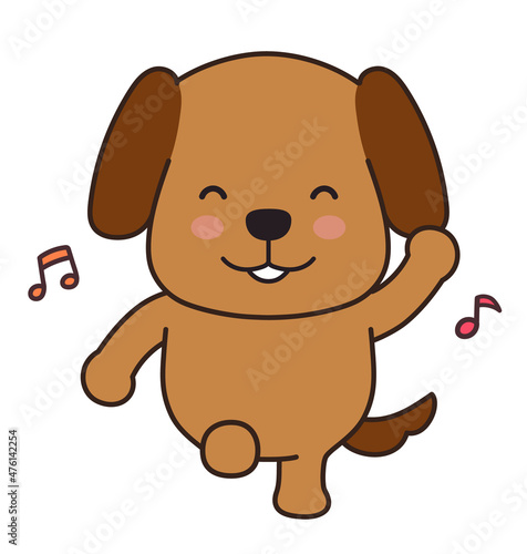 Dog dancing happily with musical notes. Vector illustration isolated on a white background.