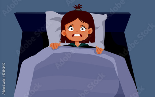 Little Girl Unable to Sleep Afraid of the Dark Vector Cartoon