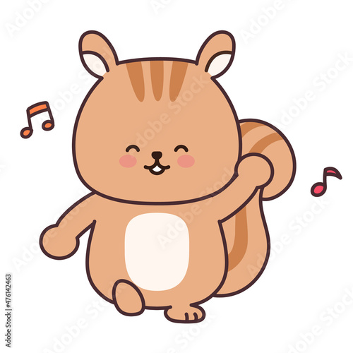 Squirrel dancing happily with musical notes. Vector illustration isolated on a white background.