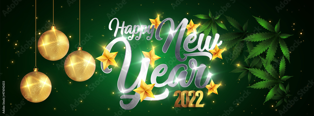 Happy New Year 2022 silver with gold - New Year Shining background with marijuana leaf. Vector illustration.