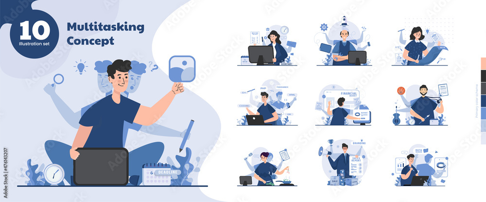 Multitasking management interface. Мультитаскинг иллюстрация. менеджер иллюстрация. multitasking skills. person multitasking.