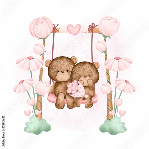 Watercolor cute couple bear playing swing in flower garden 