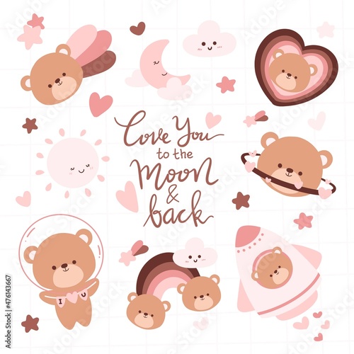 Kawaii cute bear doodle set vector illustration 