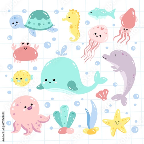 Kawaii sea animal doodles set vector illustration 