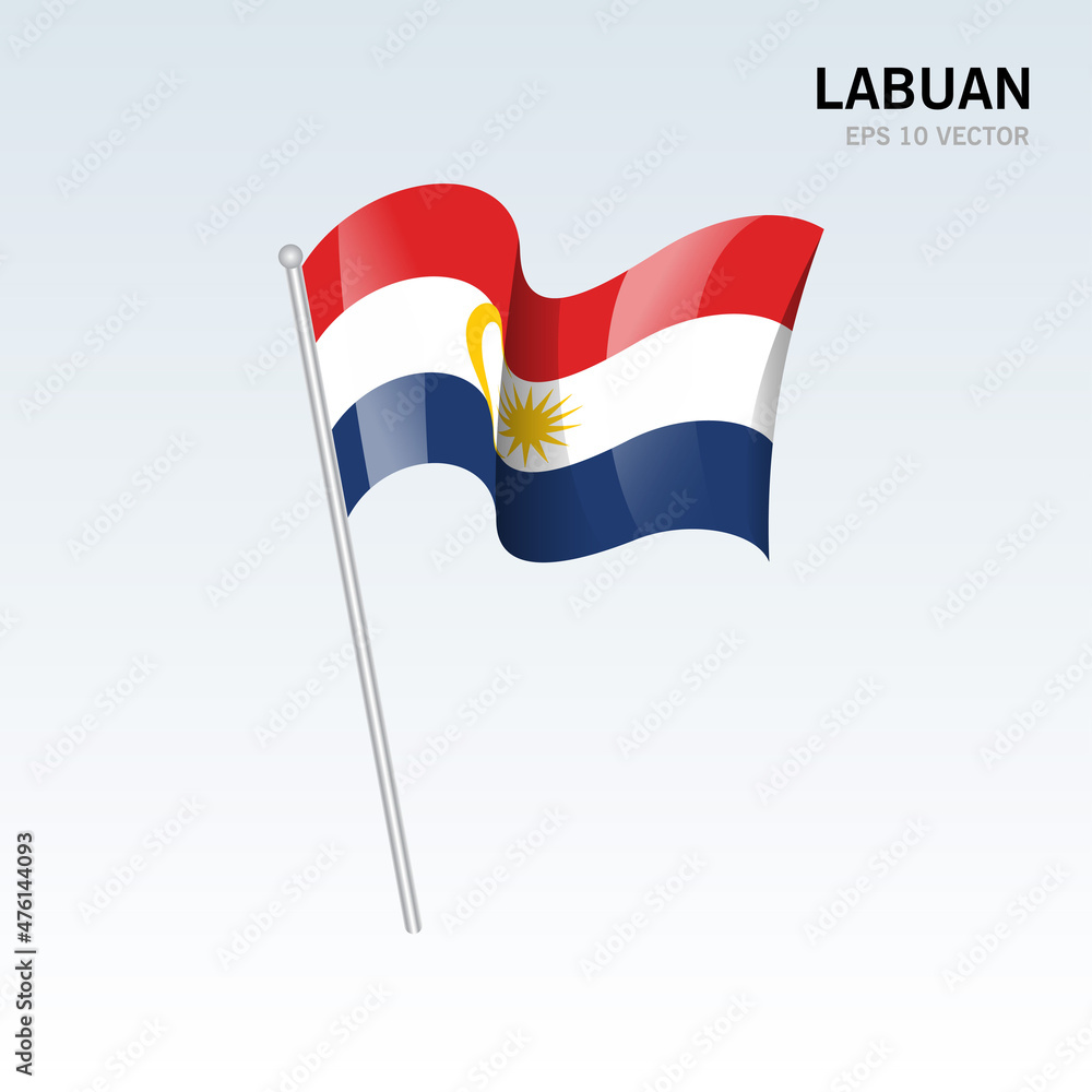 Waving flag of Labuan state and federal territory of Malaysia isolated on gray background Waving flag of Labuan state and federal territory of Malaysia isolated on gray background